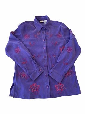Vintage Koret Purple Embroidered Floral Button Front Shirt Womens Small
